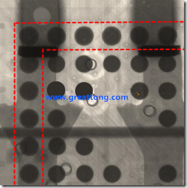 BGA錫球尺寸小于0.4mm，采用降低BGA內(nèi)圍襲球的錫膏量所得到X-Ray，稍微留意一下可以發(fā)現(xiàn)最外圈的錫量(圓的直徑)比其他內(nèi)圍的錫球上的錫量來得多一點點。也就是外圈的黑色圓形直徑比內(nèi)圈的圓形來得大一點點。
