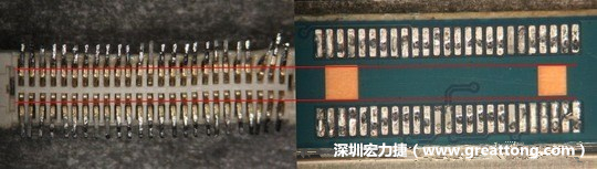 把板對板連接器與其電路板的佈線焊墊作一個比較，端子的切斷面有毛邊的地方剛好對到了裸銅區(qū)。