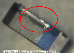 使用錫(Sn)鍍層的電源電感器(Power Inductors)，經(jīng)過推力測試后，其焊點還保留在零件的端點上，所以推力比較高。