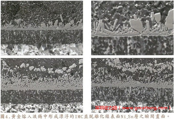 下面四張圖片為放大4500倍的SEM圖像，說明在回流焊爐熱量不足的情況下，黃金成份正要從鎳層分離融入焊錫之中的瞬間，當零件遭受外力沖擊的時候就極有可能從這一整排AuSn、、AuSn2或AuSn4的IMC處裂開。