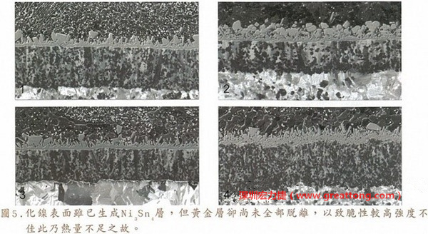 下面四圖顯示，當焊接的熱量不足或未持續(xù)時，雖然Ni3Sn4的薄薄IMC層已經(jīng)生成而焊牢，但也會因為AuSn及AuSn2還未來得及逸走，而停留在共金介面附近，當有外力拉扯的時候，就很容易斷裂開來。這就是為何ENIG的焊點強度，始終不如銅面焊點(Cu6Sn5)來得更為牢固的主因之一。