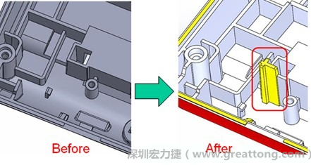 既然知道可能的問(wèn)題出在電路板變形量過(guò)大，于是在電路板上黏貼應(yīng)力計(jì)(Stress Gauge)然后先量測(cè)未改善前的應(yīng)力數(shù)據(jù)。改善方法是在BGA的附近新增機(jī)溝肋柱(rib)來(lái)頂住電路板以降低電路板在落下時(shí)的變形量。