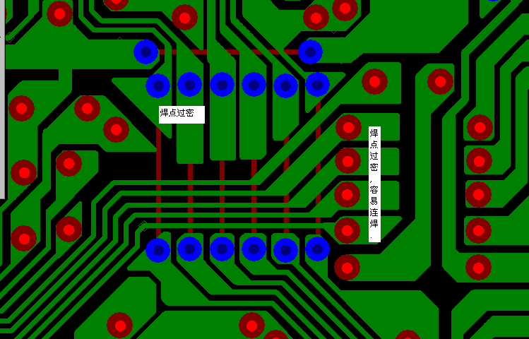 PCB設(shè)計焊點過密，易造成波峰連焊，焊點間漏電