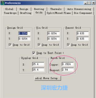  改銅皮的填充網(wǎng)格Global→Design Units，填充方向Drafting→Direction；Hatch Grid中Copper此數(shù)值為大銅箔中所填充的線條中心到中心的距離。