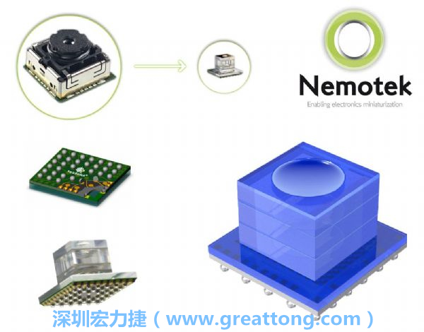 Nemotek利用WLP制作image sensor模組，搭配光學(xué)透鏡設(shè)計(jì)，可讓image sensor模組的占位面積大幅縮小，生產(chǎn)可用自動(dòng)送料快速制作，節(jié)省產(chǎn)制成本。