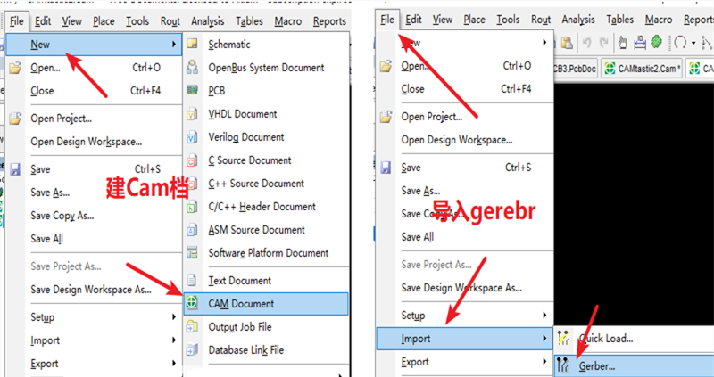 在File下新建 Cam檔，建后再File下導(dǎo)入Gerber文件，選擇所有文件導(dǎo)入gerber。